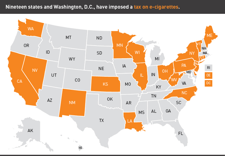 Map of the United States highlighting the 19 states with a tax on e-cigarettes